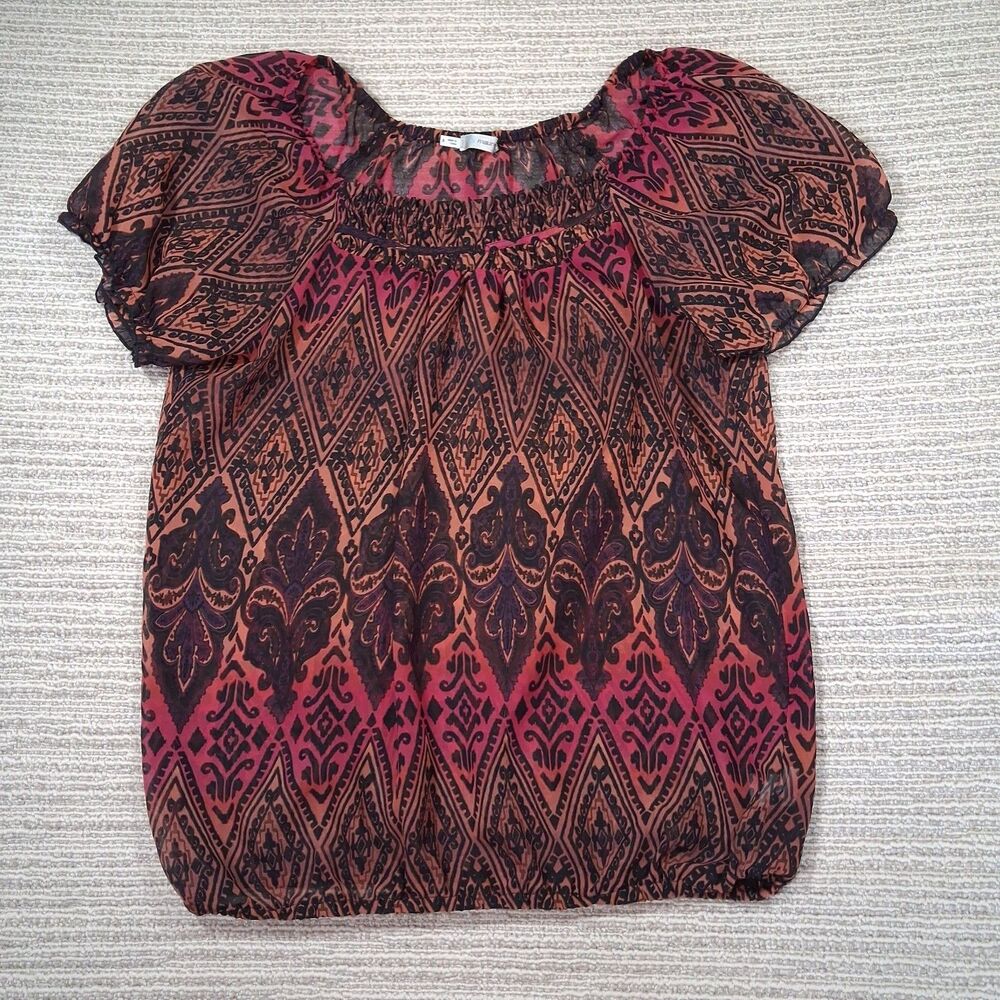 Maurices Womens Top Size 0 Sheer Boho Geometric Short Sleeve Elastic Band Blouse